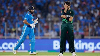 Pakistan's Shaheen Afridi reacts as India's Rohit Sharma takes a run during the 2023 ODI World Cup. Image: Reuters