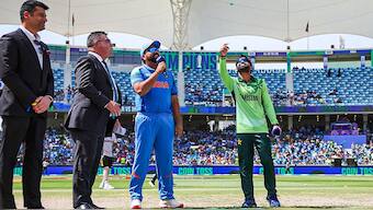 Rohit Sharma and Mohammad Rizwan at the toss. Image: SkySports