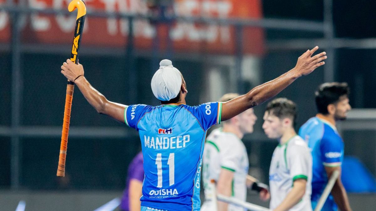 Mandeep Singh celebrates after scoring a goal against Ireland. Image: Hockey India Mandeep Singh celebrates after scoring a goal against Ireland. Image: Hockey India