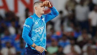 Jacob Bethell reacts during the 1st ODI between India and England. Image: Reuters
