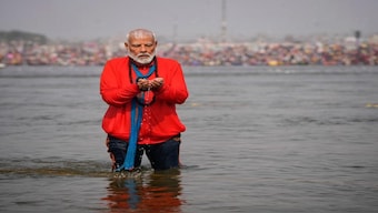 Prime Minister Narendra Modi takes a dip in the waters at the Maha Kumbh Mela. Image Courtesy: @narendramodi/X
