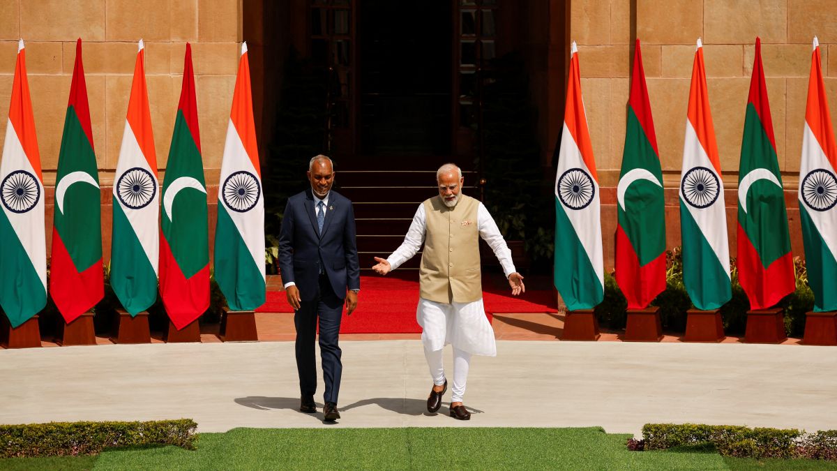 (File) Maldives' President Mohamed Muizzu meets Prime Minister Narendra Modi at Hyderabad House, in New Delhi, on October 7, 2024. Reuters (File) Maldives' President Mohamed Muizzu meets Prime Minister Narendra Modi at Hyderabad House, in New Delhi, on October 7, 2024. Reuters