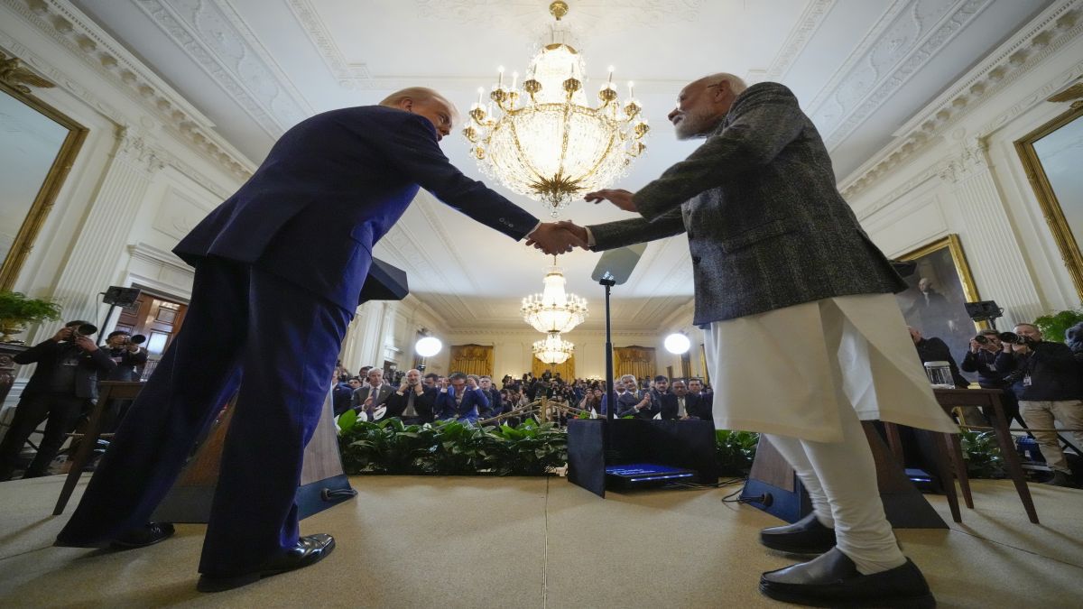 President Donald Trump and Prime Minister Narendra Modi shake hands during a news conference in the East Room of the White House. AP President Donald Trump and Prime Minister Narendra Modi shake hands during a news conference in the East Room of the White House. AP