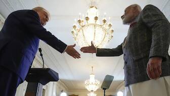 President Donald Trump and Prime Minister Narendra Modi shake hands during a news conference in the East Room of the White House, on February 13, 2025, in Washington. Modi was among the first foreign leaders who met Trump weeks into his second term. AP