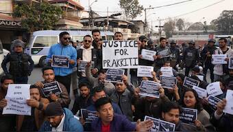 A protest against the death of Nepal student Prakriti Lamsal near the KIIT campus in Bhubaneswar, Odisha.   Lamsal died by suicide after being allegedly harassed by a batchmate. Image courtesy: @AdityaRajKaul/X