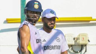 Rishabh Pant with Virat Kohli during India's first practice session in Dubai. Image: PTI