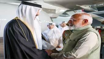 PM Narendra Modi welcomes Emir of Qatar Sheikh Tamim Bin Hamad Al-Thani at New Delhi airport on Monday (February 17). Image Courtesy: @MEAIndia/X
