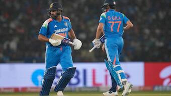 Rohit Sharma, left, and his batting partner Shubman Gill run between the wickets. Image: AP