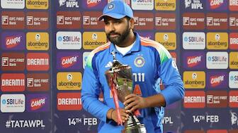 Indian skipper Rohit Sharma holds the trophy after a 3-0 series sweep against England. Image: Reuters