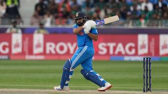 Rohit Sharma plays a shot in the CT 2025 opener against Bangladesh. Image: AP