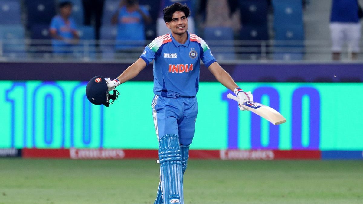 Shubman Gill celebrates his maiden century in ICC tournament. Image: Reuters Shubman Gill celebrates his maiden century in ICC tournament. Image: Reuters