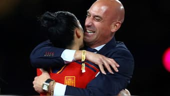 Jennifer Hermoso celebrates with Luis Rubiales after the FIFA World Cup match. Image: Reuters