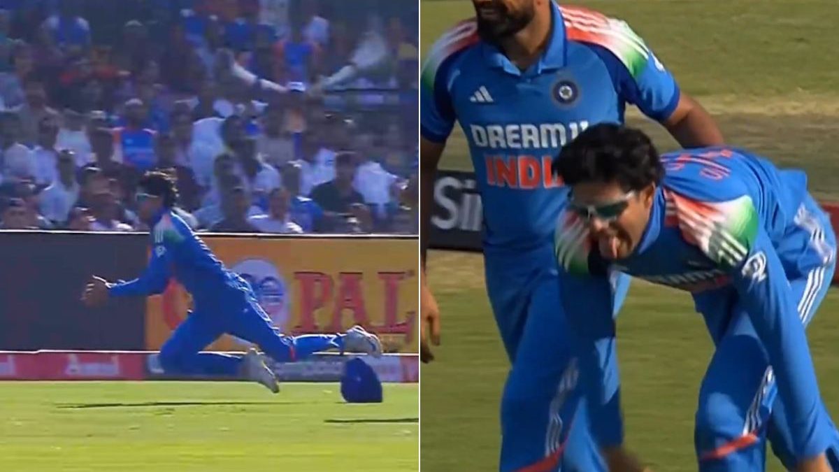 Shubman Gill took a stunning catch to end Harry Brook's cameo. Image: Star Sports Shubman Gill took a stunning catch to end Harry Brook's cameo. Image: Star Sports