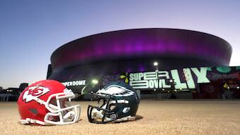 Kansas City Chiefs and Philadelphia Eagles helmets at the Caesars Superdome. Image: Reuters