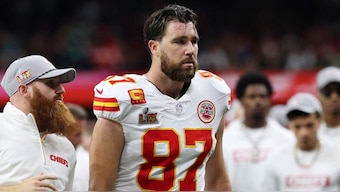 Travis Kelce walks off the field at the end of the first half of Super Bowl LIX. Image: Reuters