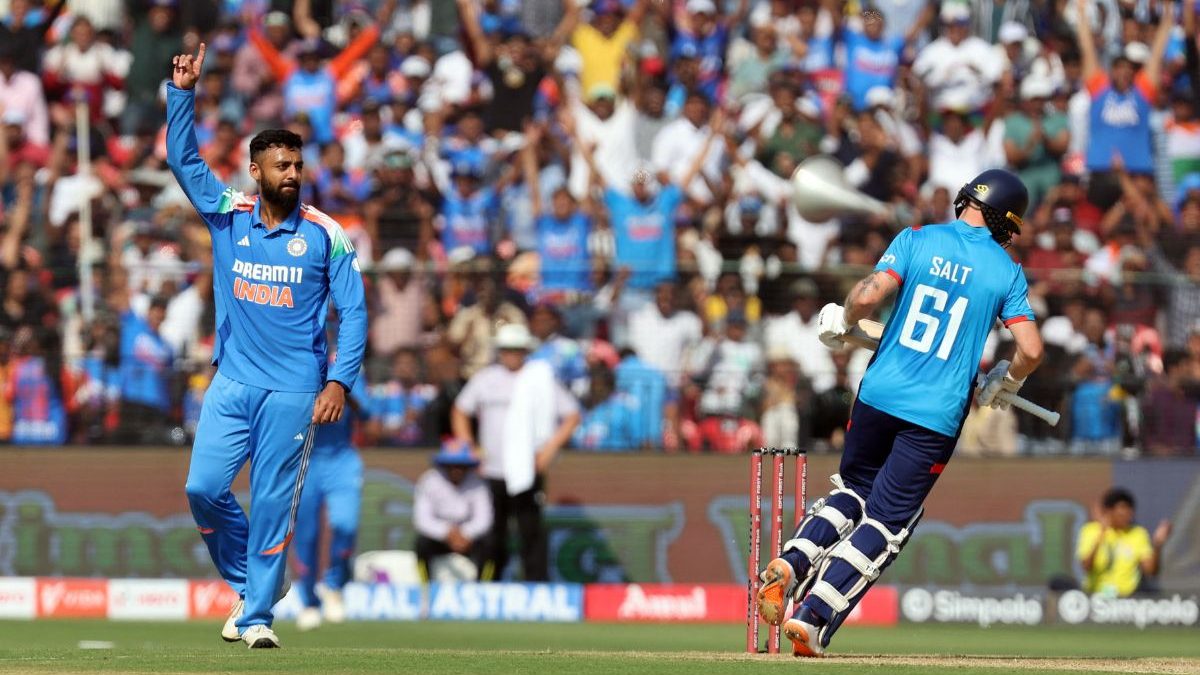 Varun Chakravarthy celebrates after taking the wicket of England's Phil Salt. Image: Reuters Varun Chakravarthy celebrates after taking the wicket of England's Phil Salt. Image: Reuters