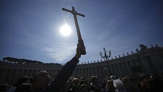 Faithful participating in the Jubilee arrive in St Peter's Square at The Vatican, on February 23, where they were supposed to say the Sunday's Angelus prayer with Pope Francis. He skipped the prayer as he is admitted at Rome's Agostino Gemelli Polyclinic and is in critical condition. AP