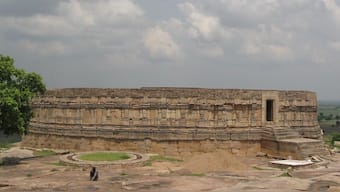 Outer view of the Mitaoli temple, atop the rocky hill in rural Morena, Madhya Pradesh  