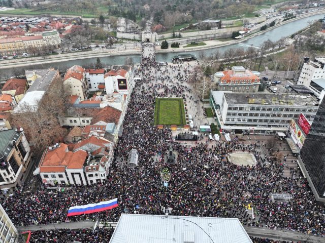 Drone shot of students and opposition supporters holding 15 minutes of silence during a protest over the fatal November 2024 Novi Sad railway station roof collapse, in Nis, Serbia March 1, 2025. Reuters