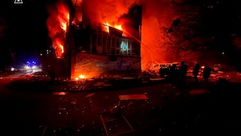 Firefighters work at the site of a residential area hit by a Russian military strike, amid Russia's attack on Ukraine, in the town of Dobropillia, Donetsk region, Ukraine. Reuters