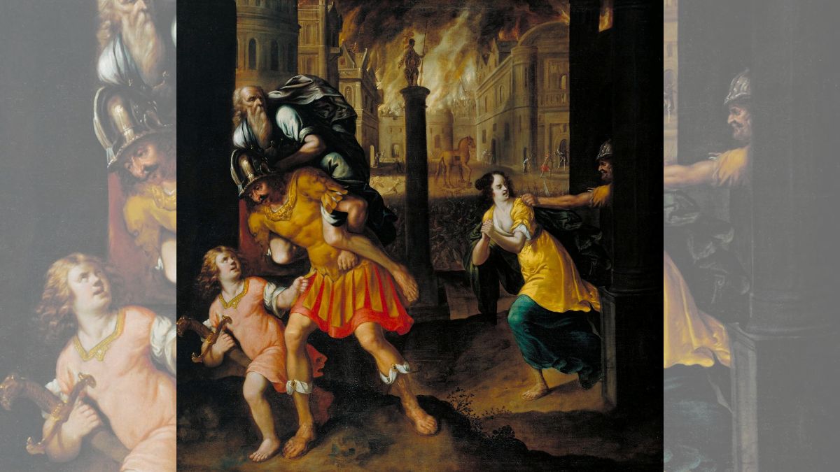 Aeneas and his Family Fleeing Burning Troy painting by Henry Gibbs, 1654, is seen in this handout image. Reuters Aeneas and his Family Fleeing Burning Troy painting by Henry Gibbs, 1654, is seen in this handout image. Reuters
