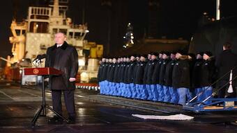  Russia’s President Vladimir Putin attends a ceremony to launch a nuclear-powered submarine project in Murmansk on March 27. AFP