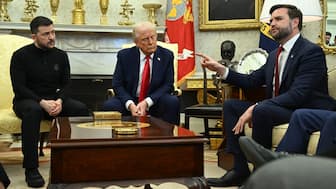 US President Donald Trump and Ukraine's President Volodymyr Zelensky listen to Vice President JD Vance (R)as they meet in the Oval Office of the White House in Washington, DC, February 28, 2025. Zelensky on February 28 told Trump there should be "no compromises" with Russian President Vladimir Putin as the parties negotiate to end the war after Moscow's invasion. (Photo by SAUL LOEB / AFP)