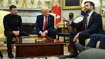 US President Donald Trump and Ukraine's President Volodymyr Zelensky listen to Vice President JD Vance (R)as they meet in the Oval Office of the White House in Washington, DC, February 28, 2025. Zelensky on February 28 told Trump there should be "no compromises" with Russian President Vladimir Putin as the parties negotiate to end the war after Moscow's invasion. (Photo by SAUL LOEB / AFP)