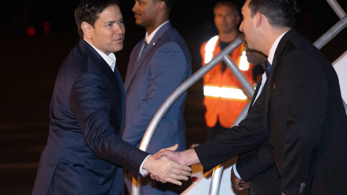 US Secretary of State Marco Rubio greets members of the crew as he boards a military airplane prior to departure from Homestead Air Reserve Base in Homestead, Florida, March 9, 2025, as he travels to Saudi Arabia and Canada. AFP US Secretary of State Marco Rubio greets members of the crew as he boards a military airplane prior to departure from Homestead Air Reserve Base in Homestead, Florida, March 9, 2025, as he travels to Saudi Arabia and Canada. AFP