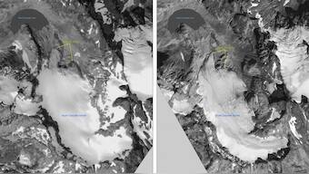 In this handout satellite composite image provided by the U.S. Geological Survey (USGS), satellite images of polar ice sheets taken in August 28, 2000 (L) and September 10, 2006 show the retreating glacier terminus of the South Cascade Glacier in Washington State. File image/ AFP