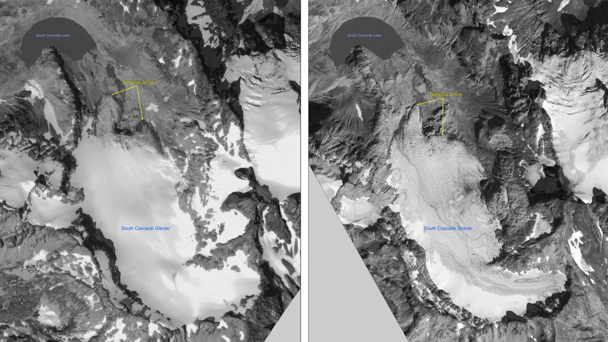In this handout satellite composite image provided by the U.S. Geological Survey (USGS), satellite images of polar ice sheets taken in August 28, 2000 (L) and September 10, 2006 show the retreating glacier terminus of the South Cascade Glacier in Washington State. File image/ AFP In this handout satellite composite image provided by the U.S. Geological Survey (USGS), satellite images of polar ice sheets taken in August 28, 2000 (L) and September 10, 2006 show the retreating glacier terminus of the South Cascade Glacier in Washington State. File image/ AFP