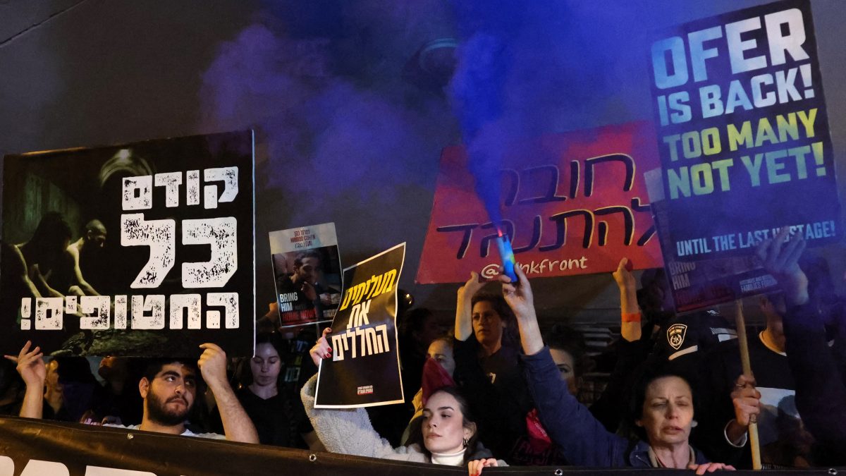 Demonstrators march with signs in central Tel Aviv during an anti-government protest calling for action to secure the release of Israeli hostages held captive in the Gaza Strip since the October 7 attacks by Palestinian militants. AFP Demonstrators march with signs in central Tel Aviv during an anti-government protest calling for action to secure the release of Israeli hostages held captive in the Gaza Strip since the October 7 attacks by Palestinian militants. AFP