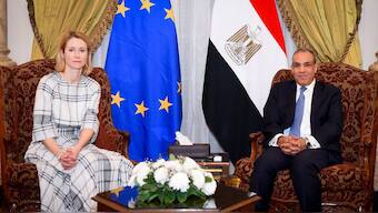 This handout picture released by the Egyptian Ministry of Foreign Affairs shows Egypt's Foreign Minister Badr Abdelatty (R) receiving the European's High Representative of the Union for Foreign Affairs and Security Policy Kaja Kallas at the Foreign Ministry headquarters in Tahrir Palace in central Cairo. AFP