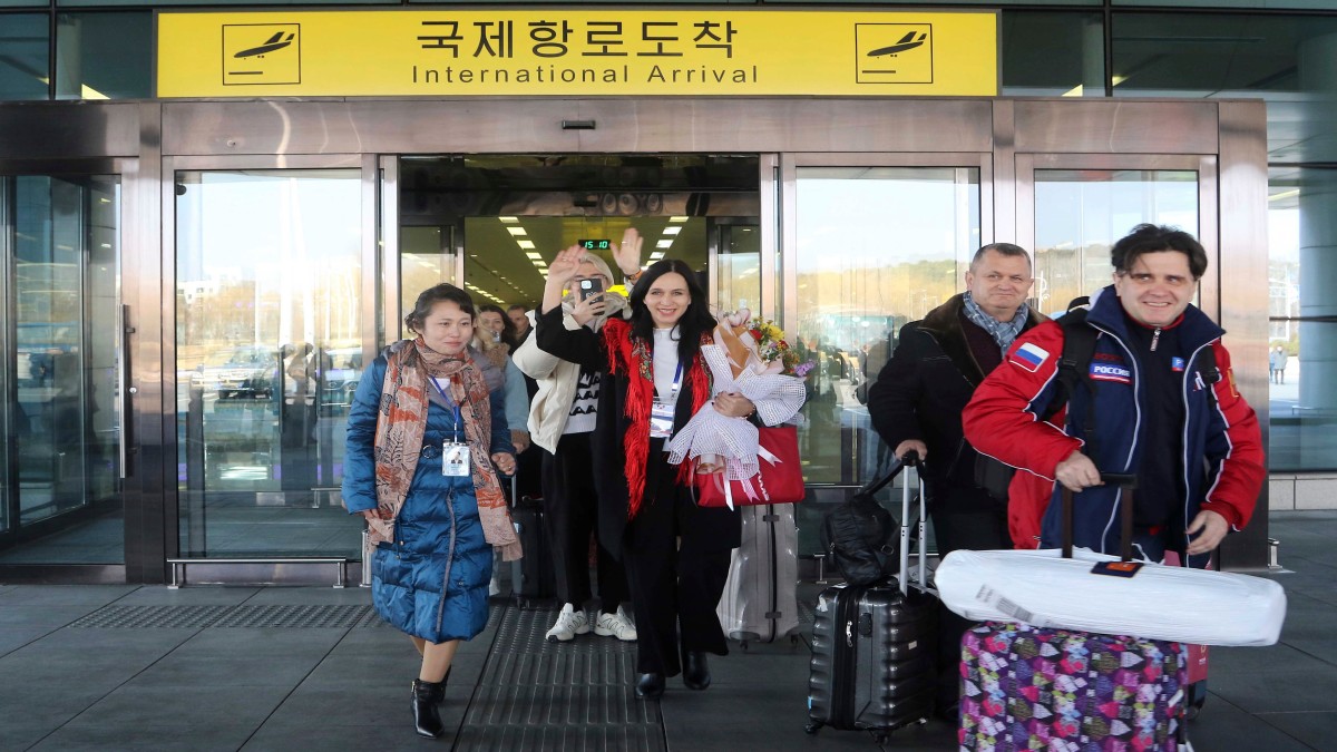A group of Russian tourists, likely the first foreign travellers from any country to enter North Korea since the pandemic arrive at the Pyongyang International Airport in Pyongyang, North Korea, on February 9, 2024. AP A group of Russian tourists, likely the first foreign travellers from any country to enter North Korea since the pandemic arrive at the Pyongyang International Airport in Pyongyang, North Korea, on February 9, 2024. AP