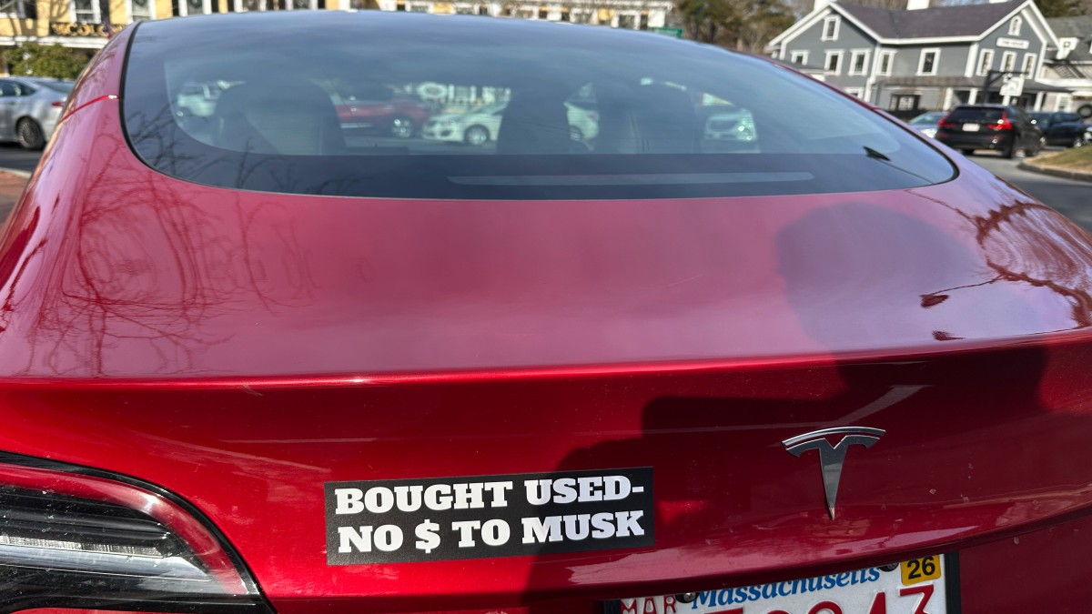 A Tesla with a sticker referring to the car's purchase is shown on Sunday, December 15, 2024, in Concord. AP A Tesla with a sticker referring to the car's purchase is shown on Sunday, December 15, 2024, in Concord. AP