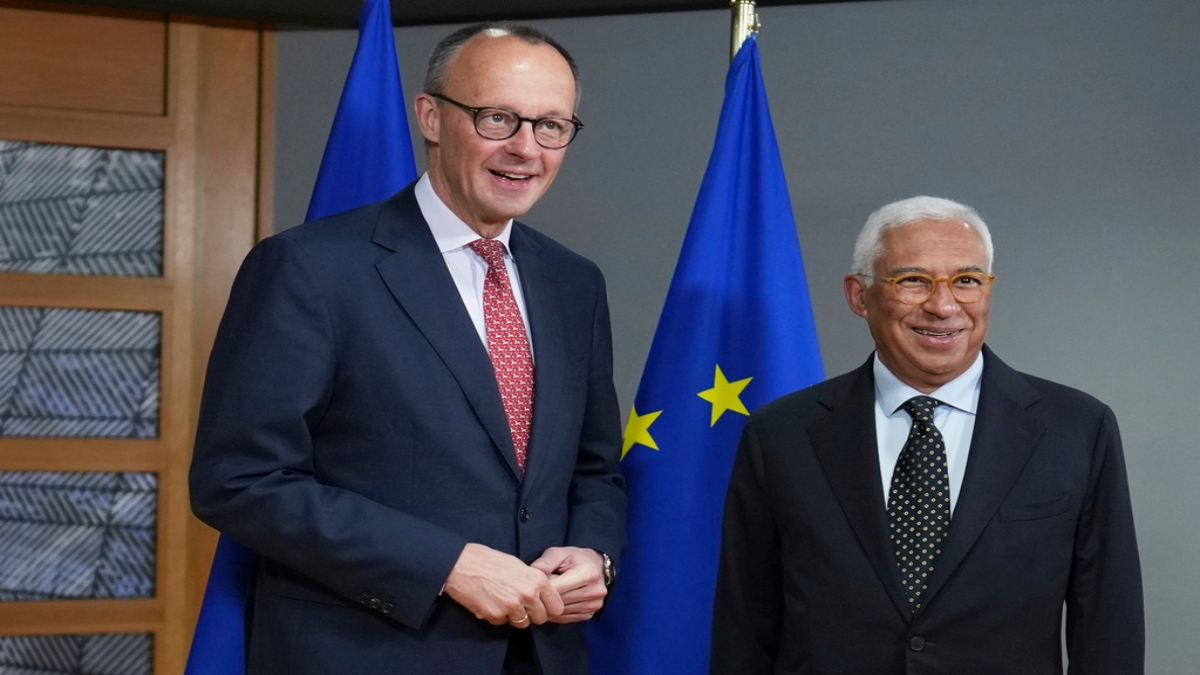 European Council President Antonio Costa, right, greets Friedrich Merz, leader of the Christian Democratic Union, prior to a meeting at the European Council building in Brussels, Thursday, March 6, 2025. AP  European Council President Antonio Costa, right, greets Friedrich Merz, leader of the Christian Democratic Union, prior to a meeting at the European Council building in Brussels, Thursday, March 6, 2025. AP