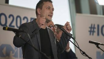 Jens-Frederik Nielsen, leader of the Demokraatit party participates a TV debates before the upcoming elections in Nuuk, Greenland. AP