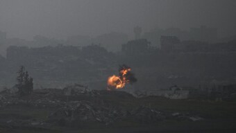 An explosion erupts in the northern Gaza Strip, as seee from southern Israel. AP 