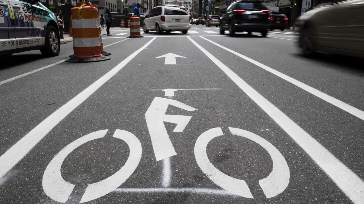 FILE - A bicycle lane along Market Street in Philadelphia, on June 4, 2018. (AP Photo/Matt Rourke, File) FILE - A bicycle lane along Market Street in Philadelphia, on June 4, 2018. (AP Photo/Matt Rourke, File)