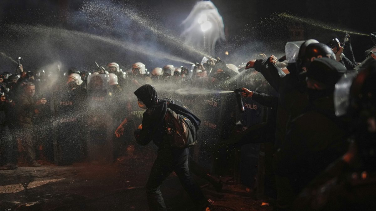 Riot police use pepper spray to clear protesters during a protest against the arrest of Istanbul's Mayor Ekrem Imamoglu, in Istanbul, Turkey. AP Riot police use pepper spray to clear protesters during a protest against the arrest of Istanbul's Mayor Ekrem Imamoglu, in Istanbul, Turkey. AP