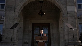 Prime Minister Mark Carney speaks to media at Rideau Hall, where he asked the Governor General to dissolve Parliament and call an election, in Ottawa. AP
