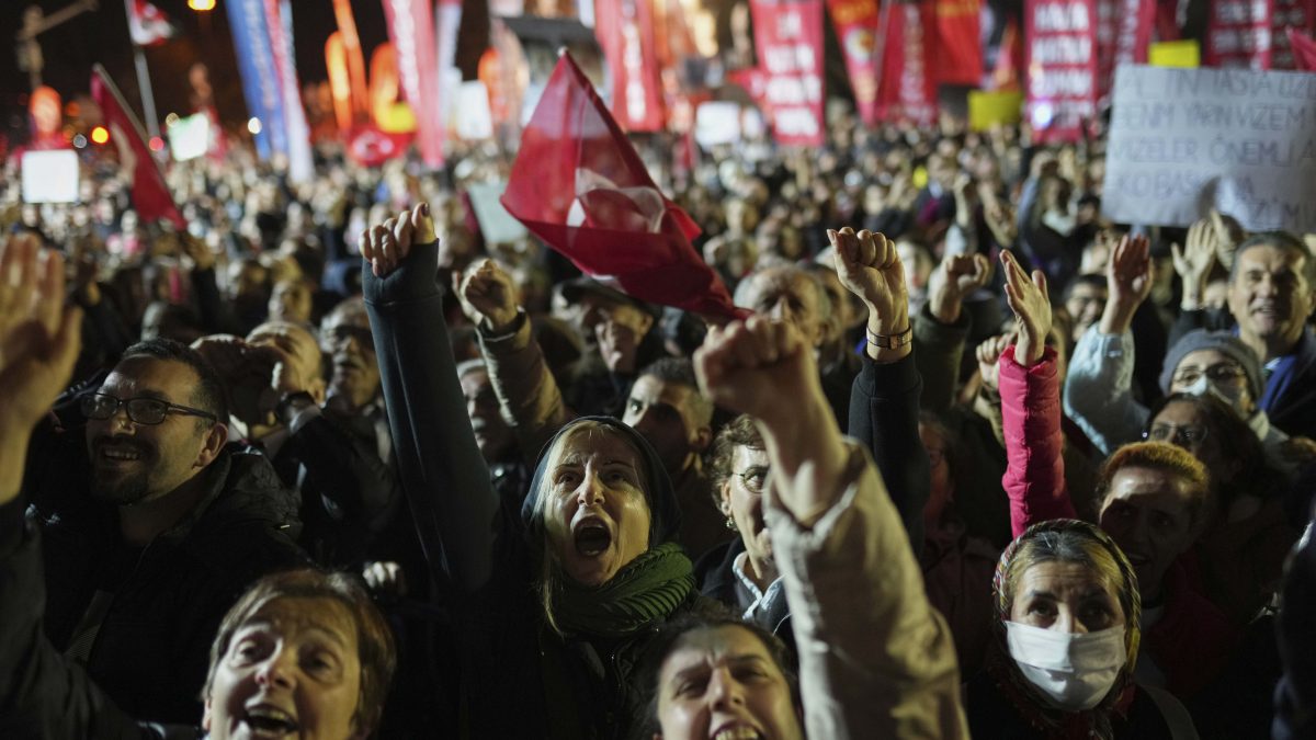 Protesters shout slogans during a protest after Istanbul's Mayor Ekrem Imamoglu was arrested and sent to prison, in Istanbul, Turkey. AP Protesters shout slogans during a protest after Istanbul's Mayor Ekrem Imamoglu was arrested and sent to prison, in Istanbul, Turkey. AP