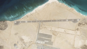 This satellite photo from Planet Labs PBC shows an airstrip on Mayun Island, also known as Perim Island, in the Bab el-Mandeb Strait off Yemen. AP
