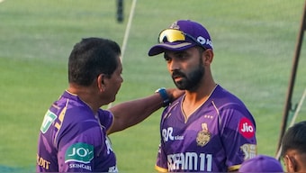 Kolkata Knight Riders captain Ajinkya Rahane with head coach Chandrakant Pandit at a training session ahead of the 2025 Indian Premier League. PTI