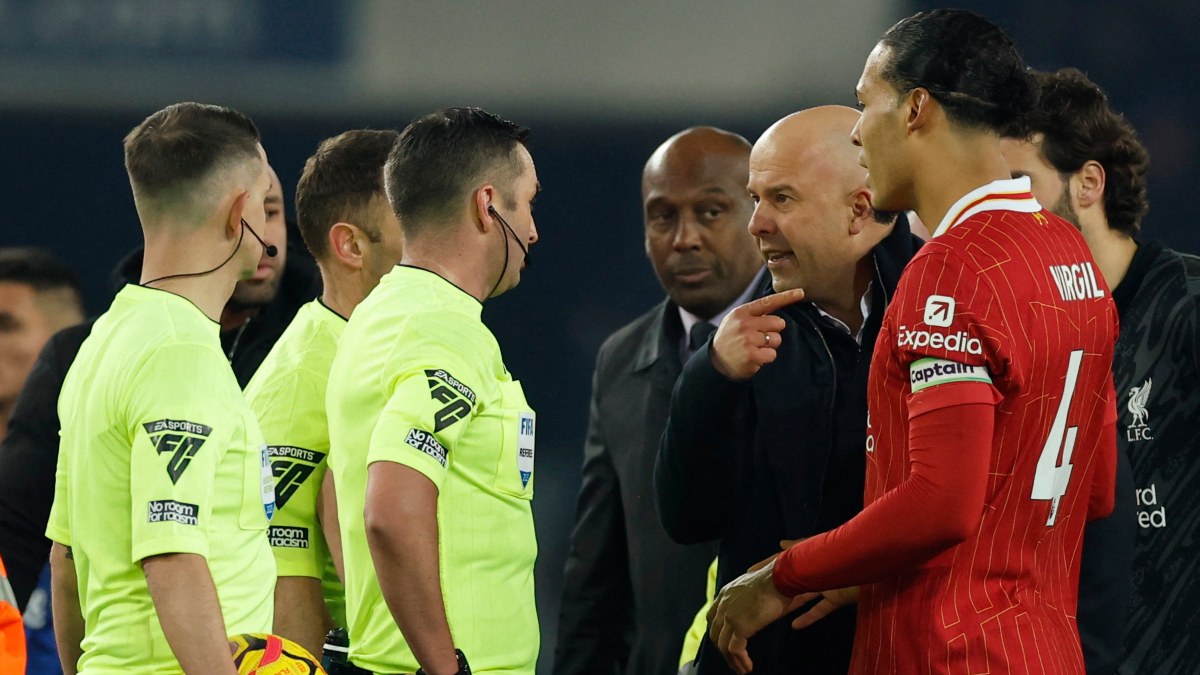 Liverpool manager Arne Slot argues with referee Michael Oliver and other officials during the 'Merseyside Derby' meeting with Everton at Goodison Park, Liverpool. Reuters Liverpool manager Arne Slot argues with referee Michael Oliver and other officials during the 'Merseyside Derby' meeting with Everton at Goodison Park, Liverpool. Reuters
