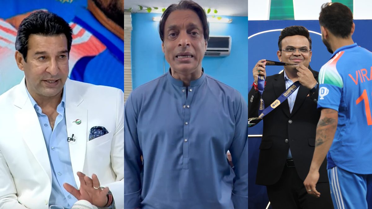 Wasim Akram and Shoaib Akhtar have reacted to the Champions Trophy final opening ceremony controversy. Images: Dressing Room show/Shoaib Akhtar on X 
 Wasim Akram and Shoaib Akhtar have reacted to the Champions Trophy final opening ceremony controversy. Images: Dressing Room show/Shoaib Akhtar on X