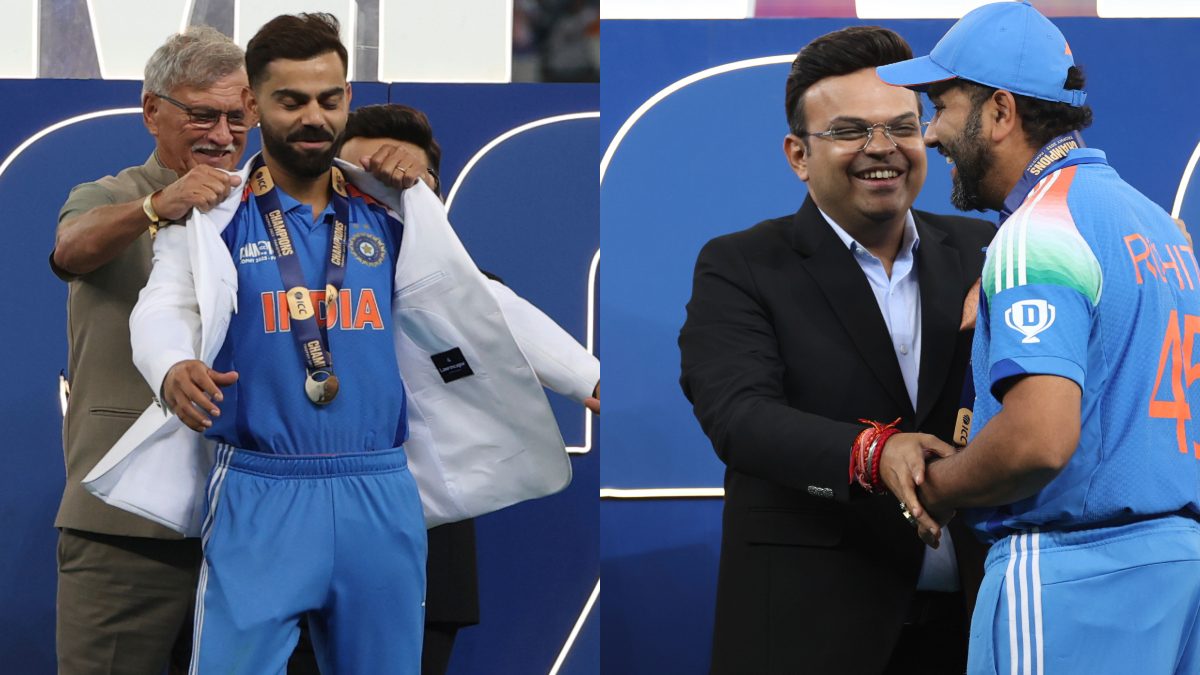 The Champions Trophy 2025 presentation ceremony was led by ICC chairman Jay Shah and BCCI president Roger Binny. Images: ICC
 The Champions Trophy 2025 presentation ceremony was led by ICC chairman Jay Shah and BCCI president Roger Binny. Images: ICC