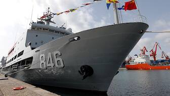 (File) Hongzehu, a Type 926 submarine rescue ship, sits at the port as the Chinese People's Liberation Army (PLA) Navy opens warships for public viewing to mark its upcoming 75th founding anniversary, in Qingdao, Shandong province, China on April 20, 2024. Reuters