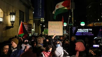 Demonstrators protest outside the main gates of Columbia University as the university prepares to host former Israeli Prime Minister Naftali Bennett in New York City, US, March 4, 2025. File Image/Reuters