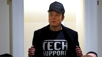 Elon Musk shows off his t-shirt reading "Tech Support" while speaking at the first cabinet meeting hosted by US President Donald Trump, at the White House in Washington, DC, US, February 26, 2025. File Image/Reuters
